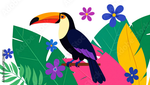 Vector illustration of tropical toucan perched on branch with colorful beak, exotic leaves, vibrant flowers, and rainforest wildlife design