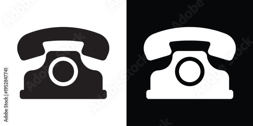 A clean, bold vector illustration of a vintage rotary-style telephone handset and base. This minimalist icon represents customer support, telecommunications, and traditional contact methods.