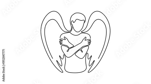 Person Hugging Themselves with Angel Wings Continuous Single Line Minimalist Feeling Protected Line Art Illustration