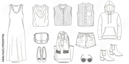 Women’s fashion illustration, dresses tops shirts hoodies, handbags tote bags denim shorts, ballet flats sunglasses ankle boots, stylish apparel vector, flat vector illustration