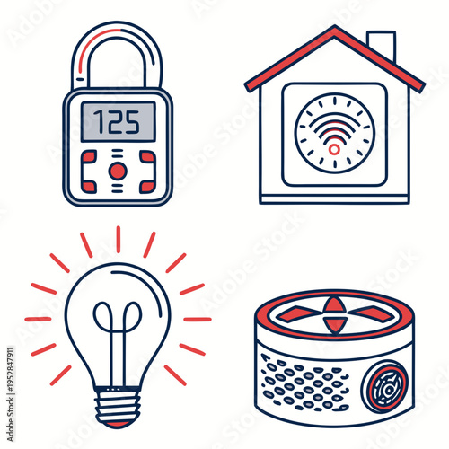 Smart home security system internet of things devices concept icons set with padlock thermostat light bulb and air purifier