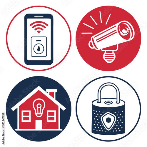 Smart home security and automation system icons including smartphone control siren light sensor house automation and smart lock