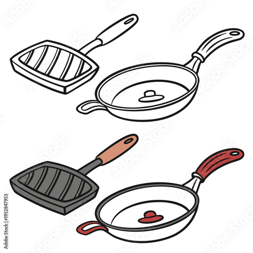 Color and black white cartoon grill pan and frying pan isolated on white background. kitchenware cooking