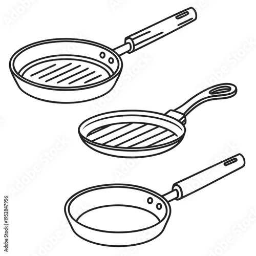 Set of frying pans and grill pans outline isolated on white background. kitchen utensils for cooking food