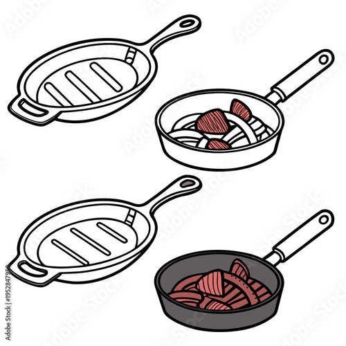 Color and black white cartoon steak and onions in frying pan isolated on white background. fresh uncooked food in pan