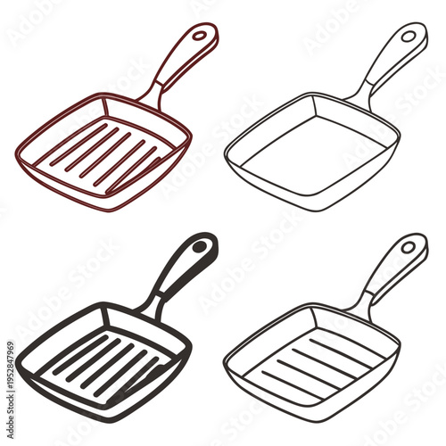Set of grill pans outline isolated on white background. kitchen utensils for cooking food with square shape