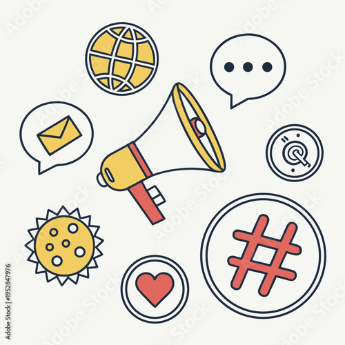 Social media marketing and communication concept with colorful line art icons including megaphone, globe, chat bubbles, email, sun, heart, hashtag, and target symbol