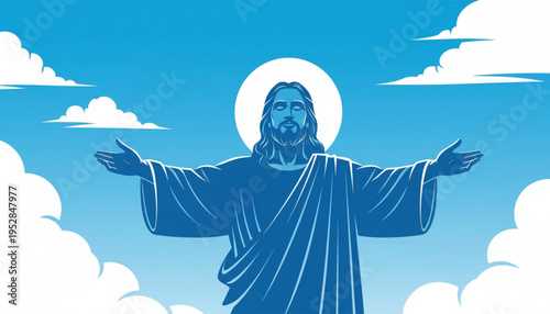 Divine Embrace: Jesus Christ with Open Arms in Heavenly Blue
