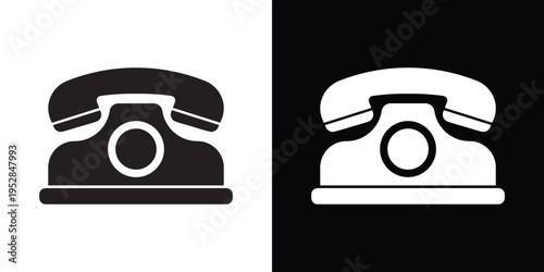 A clean, bold vector illustration of a vintage rotary-style telephone handset and base. This minimalist icon represents customer support, telecommunications, and traditional contact methods.