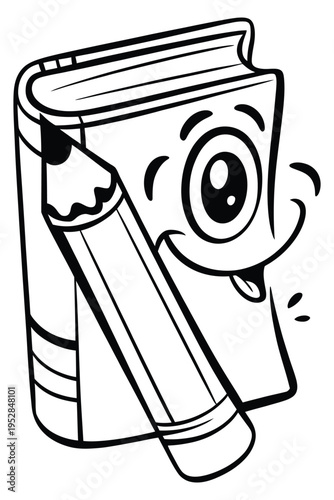 Happy cartoon book with a pencil in front illustration character vector drawing bookworm education learning knowledge concept symbol.