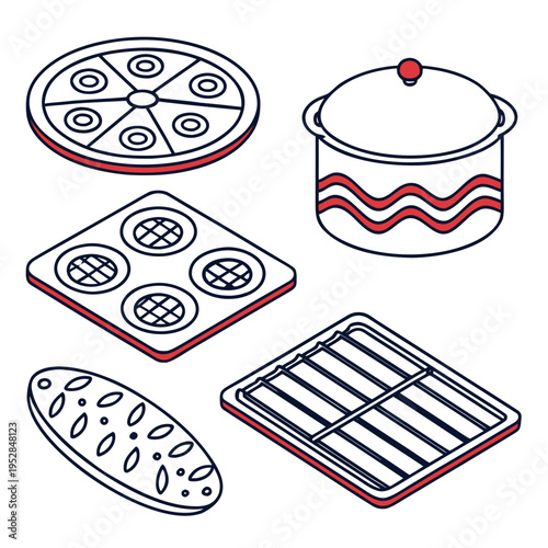 Isometric kitchenware icons with various cooking items including pizza pan, pot, stove, bread, and grill rack on white background
