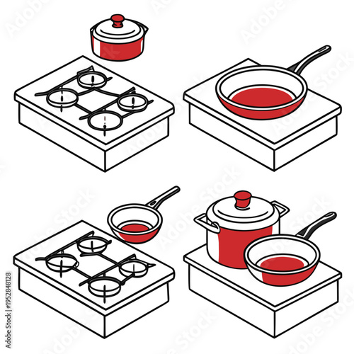 Various cooking pots and pans set on stovetops for efficient meal preparation and culinary tasks