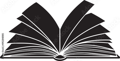 A classic black silhouette of an open book with fanned pages, representing knowledge, learning, education, and stories.