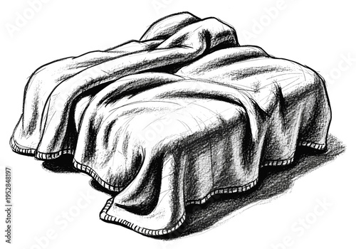 Hand-drawn sketch of a rumpled blanket draped over a bed with textured shading