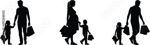 Family shopping silhouette, parents with children, pregnant mother, carrying bags, daily life routine, family outing, black and white illustration, caregiving