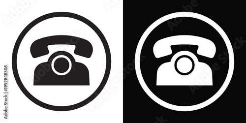 Vintage telephone symbol enclosed in a circular frame, presented in high-contrast black and white. Ideal for contact us buttons, customer service branding, and communication interface design.