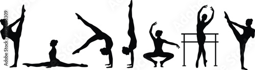 Gymnastics and Ballet Silhouette Set Women Performing Splits Handstand Stretching Balance Dance Fitness Vector Illustration Collection