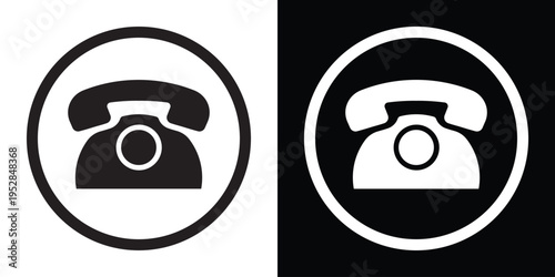 Vintage telephone symbol enclosed in a circular frame, presented in high-contrast black and white. Ideal for contact us buttons, customer service branding, and communication interface design.