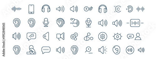 Audio technology icons featuring microphone headset and sound frequency waves for podcasting and mobile communication interfaces