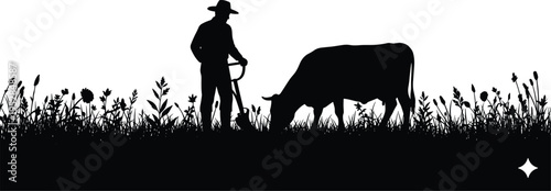 Farmer silhouette, cow grazing, rural lifestyle, agricultural activity, wide‑brim hat, tool in hand, grassy field, plants and flowers, black and white illustration
