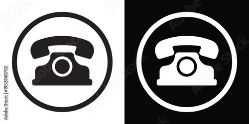 Vintage telephone symbol enclosed in a circular frame, presented in high-contrast black and white. Ideal for contact us buttons, customer service branding, and communication interface design.