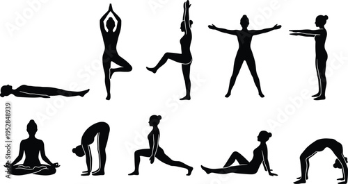 Set of Woman Yoga Poses Silhouette Collection Showing Stretching, Meditation and Fitness Exercises for Wellness Balance Flexibility and Healthy Lifestyle Training