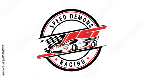 Speed Demons Racing Logo Featuring a Sleek Race Car and Checkered Flag.