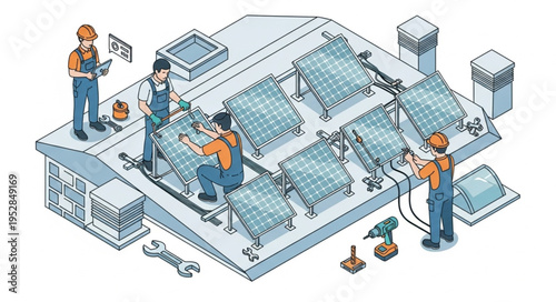 HVAC Technicians Working on Rooftop Units Illustration.
