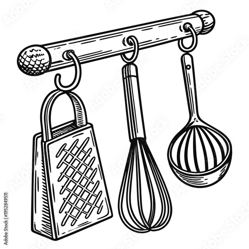 Various kitchen utensils hanging on a wooden rack including grater whisk ladle