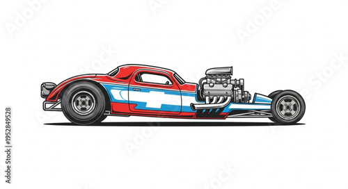 Striking Red and Blue Hot Rod Illustration with Exposed Engine.
