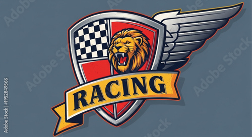 Racing emblem featuring a lions head and checkered flag design.