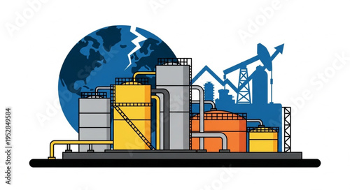 Illustration of an industrial complex with oil rigs and storage tanks.