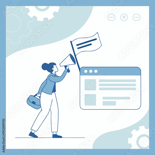 Business woman with megaphone and briefcase announces important information on website screen with flag symbol and gears in background for success announcement