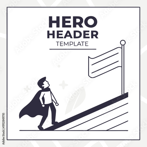 Superhero looking up at flag on stairs representing achievement and victory, hero header template for success and goal realization with cape