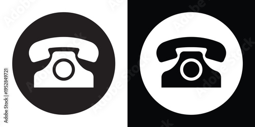 Vintage telephone symbol enclosed in a circular frame, presented in high-contrast black and white. Ideal for contact us buttons, customer service branding, and communication interface design.