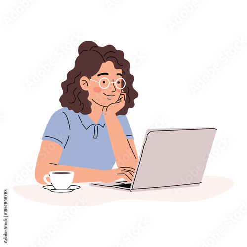 Young woman with glasses working on laptop with a cup of coffee, flat vector illustration, freelance student studying online, remote work and home office concept.