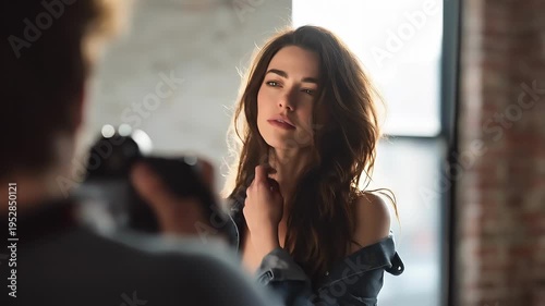 Portrait of a woman with long brown hair wearing a denim jacket; she looks toward the camera with a soft expression, while a photographer appears blurred in the foreground