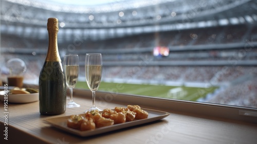Luxurious stadium view with champagne and hors d'oeuvres at a sporting event