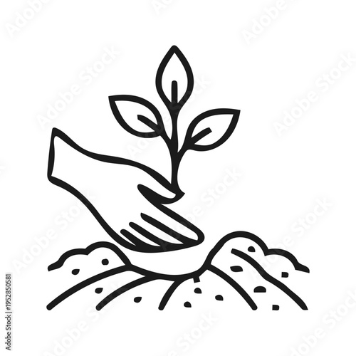 Human hand planting young tree sapling in soil for reforestation and ecological restoration project vector graphic