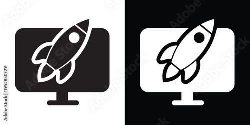 Creative vector icon featuring a rocket ship launching from a computer screen. Modern symbol for tech startups, website optimization, high-speed performance, and digital business growth.
