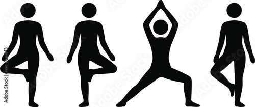 Woman Yoga Balance Pose Silhouette Set Featuring Tree Pose and Warrior Stretch for Fitness Wellness Flexibility and Healthy LifestyleWoman Yoga Balance Pose Silhouette 