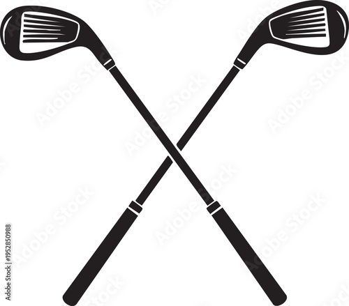 Two golf clubs are skillfully crossed in a striking black silhouette, representing the popular sport and recreational activity on a white background.