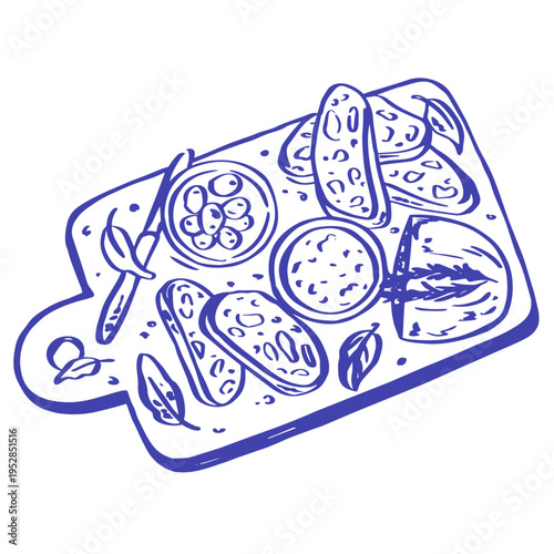 Mediterranean appetizer board with olives, sliced bread, bowls, leaves and a small knife in blue line style. Rustic culinary composition for menus, packaging, kitchen prints and food branding.