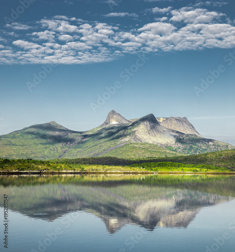 Reflection of the mountains in the Efjord in Norway
