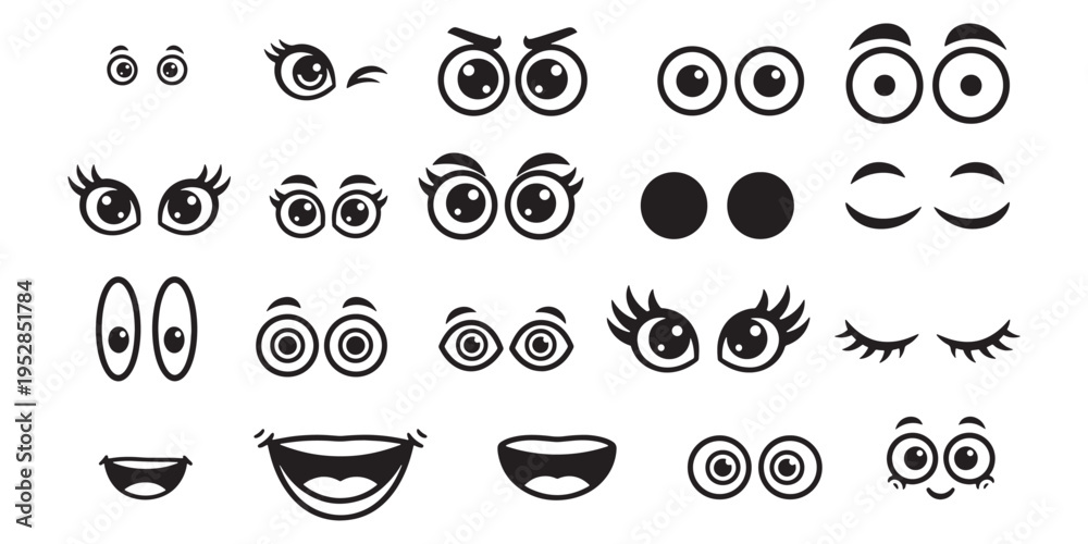 Fototapeta premium Vector set of cartoon eyes and mouth expressions, collection of cute mascot face elements and comic character features for emoji and sticker design.