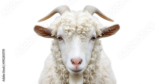 Close-up of white sheep with curly wool and brown horns isolated PNG with Transparent Background