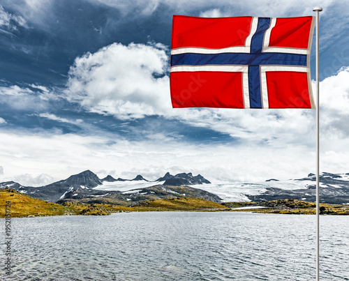 Mountain panorama in Jotunheimen with Norwegian flag