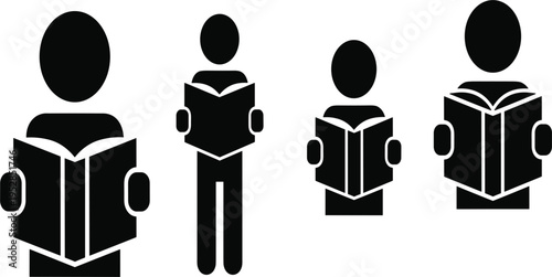 People Reading Book Silhouette Icon Set with Standing and Sitting Reader Symbols for Education, Library, Literacy, and Learning Concept Design