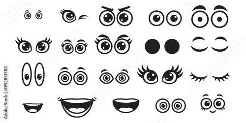 Vector set of cartoon eyes and mouth expressions, collection of cute mascot face elements and comic character features for emoji and sticker design.