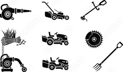 Vector collection of black minimalist garden machinery icons featuring leaf blower lawn mower grass trimmer circular saw and professional landscaping equipment isolated on white background